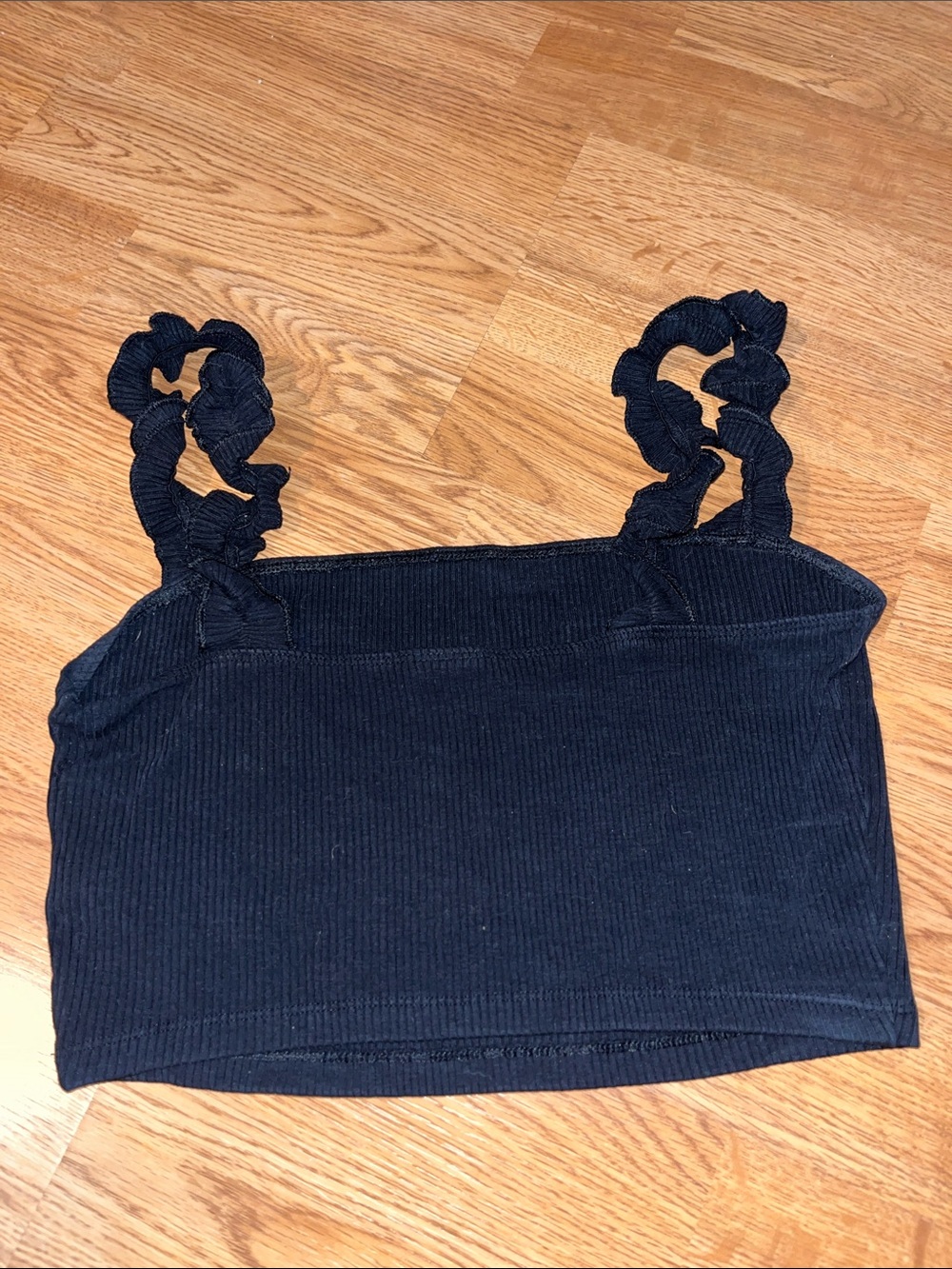Sunday Best Ribbed Navy Crop Tank with Ruffle Straps - Picture 2 of 3
